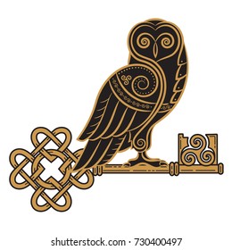 The Celtic design. Owl and key in the Celtic style, a symbol of wisdom, isolated on white, vector illustration