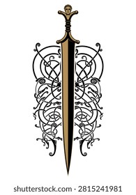 Celtic design. Celtic sword and Celtic Scandinavian ornaments, isolated on white, vector illustration