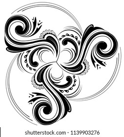 Celtic disk ornament with triple spiral symbol, black and white vector image.