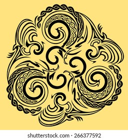 Celtic disk ornament with triple spiral symbol, white and black vector