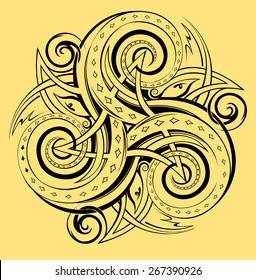Celtic disk ornament with triple spiral symbol, white and black vector
