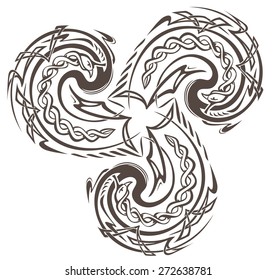 Celtic disk ornament with triple spiral symbol, white and black vector