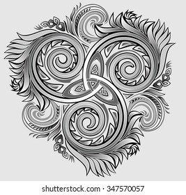 Celtic disk ornament with triple spiral symbol, white and black vector.