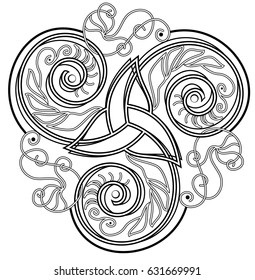 Celtic disk ornament with triple spiral symbol, black and white vector image.