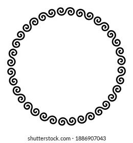 Celtic double spirals forming a circle shaped frame. Decorative border, made of alternate flipped double spirals, rotating around a midpoint, shaping a repeated motif. Illustration over white. Vector.