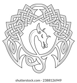 Celtic dragon coloring page for children and adults. Fantasy illustration of dragon. Celtic knot vector illustration. Black and white irish pattern.