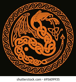 Celtic Dragon with national ornament interlaced tape.