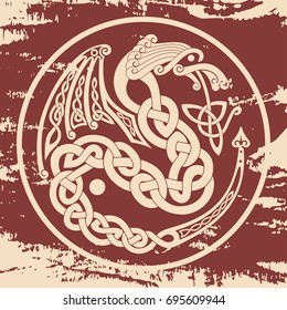 Celtic Dragon national ornament interlaced tape on a brown old background.