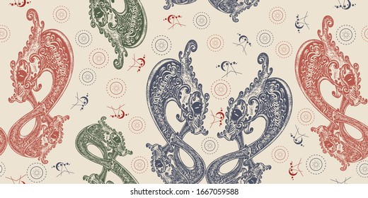 Celtic dragons. Seamless pattern. Packing old paper, scrapbooking style. Vintage background. Medieval manuscript, engraving art. Scandinavian and Irish forces symbols 