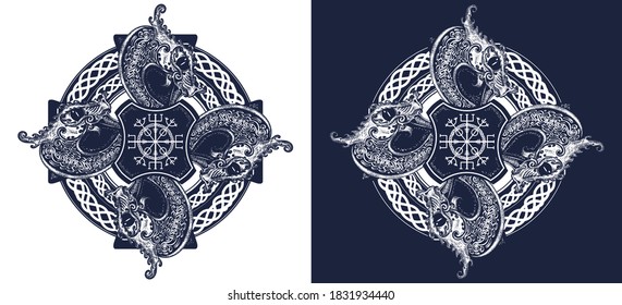 Celtic dragons, symbol of the Viking. Tattoo and t-shirt design. Black and white vector graphics 