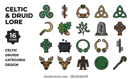 Celtic and Druid Lore Icons Featuring Symbols of Nature and Spirituality