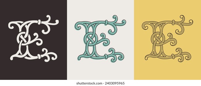 Celtic E monograms set. Insular style initial with authentic knots and interwoven cords. British, Irish, or Saxons overlapping monogram. Medieval font for tattoo, St. Patrick day logo, and sportswear.