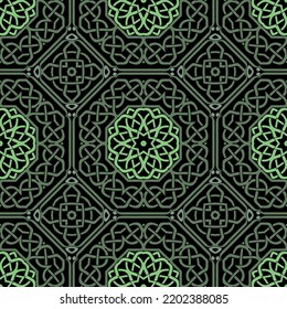 Celtic elegant green seamless pattern. Tribal ethnic traditional vector background. Colorful intricate line art beautiful pattern. Braided repeat lines ornament. Ornate patterned modern design.