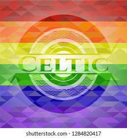 Celtic emblem on mosaic background with the colors of the LGBT flag