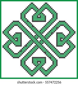 Celtic  endless knot in clover with hearts elements  shape in black and green cross stitch pattern on white and black background inspired by Irish St Patrick's day and ancient Scottish culture  