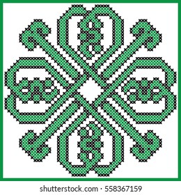 Celtic endless knot in clover with hearts elements in tile  shape in black and green cross stitch pattern  inspired by Irish St Patrick's day and ancient Scottish culture  
