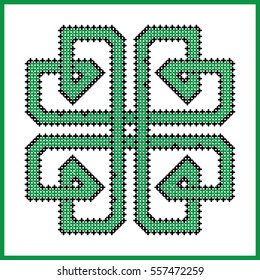 Celtic  endless knot in square clover  shape in black and green cross stitch pattern on white and black background inspired by Irish St Patrick's day and ancient Scottish culture  
