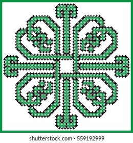 Celtic endless knot in square clover with hearts elements in tile  shape in black and green cross stitch pattern  inspired by Irish St Patrick's day and ancient Scottish culture  
