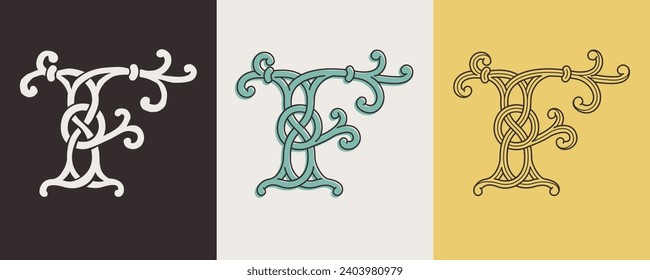 Celtic F monograms set. Insular style initial with authentic knots and interwoven cords. British, Irish, or Saxons overlapping monogram. Medieval font for tattoo, St. Patrick day logo, and sportswear.