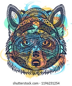 Celtic fox tattoo watercolor splashes style. Wolf t-shirt design art animals. North art. Animals in ethnic style 