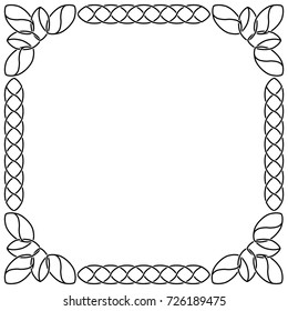 Celtic frame is black. The shape  is square. Vector isolated image on white background. Corner twisted ornaments.