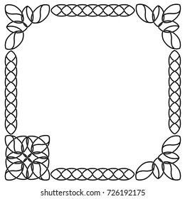 Celtic frame is black. The shape is square. Vector isolated image on white background. Corner curl as an ornament.