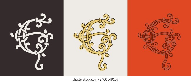 Celtic G monograms set. Insular style initial with authentic knots and interwoven cords. British, Irish, or Saxons overlapping monogram. Medieval font for tattoo, St. Patrick day logo, and sportswear.