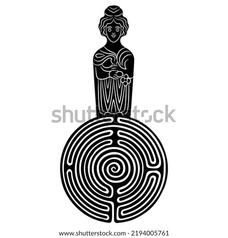 Celtic goddess standing on a round spiral maze or labyrinth symbol. Creative concept. Gallic Roman culture. Black and white silhouette.