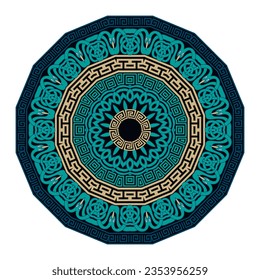 Celtic greek style round mandala pattern with circle frames. Colorful ornamental celtic knots vector background. Traditional isolated mandala ornaments on white. Greek meanders frames, borders, tile.