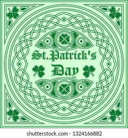Celtic green frame, St. Patrick's Day greeting card. Holiday of Ireland, spring, March, green clover.