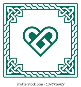 Celtic green heart vector greeting card design with Irish braided frame - Valentine's Day, love concept. Celtic green heart vector greeting card design with Irish braided frame - Valentine's Day