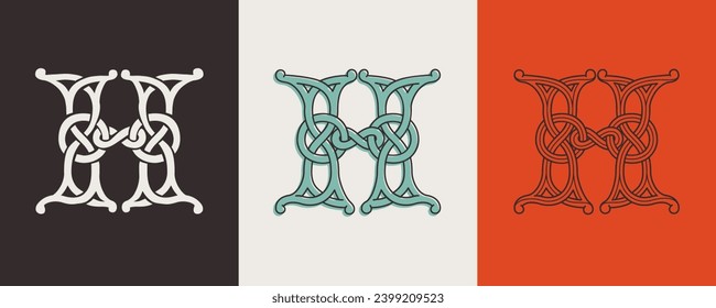 Keltische H-Monogramme. Insellöser Stil mit authentischen Knoten und miteinander verflochtenen Akkorden. Briten, Iren oder Sachsen überschneiden sich das Monogramm. Mittelalterliche Tätowierung, St. Patrick Day Logo und Sportbekleidung.