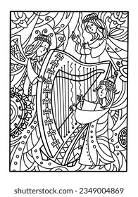 Celtic harp and fairies. Funny cartoon characters. Black and white outline for colouring. Fairy vector illustration. 