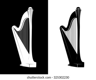 Celtic Harp Isolated on black and white background, Vector Illustration of National Irish Musical Instrument