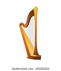 Celtic Harp Isolated on white background, Vector Illustration of National Irish String Musical Instrument