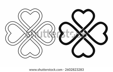 Celtic Heart Knot Clover Icon.Vector icon of a four-leaf clover made of interwoven heart-shaped knots, available in outline and solid styles. Ideal for love, luck, and Celtic design themes.