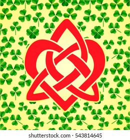 Celtic heart knot. Red isolated silhouette on a seamless green pattern with clover. Vector illustration