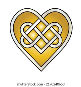 Celtic heart knot symbol of Eternal Love, infinity gold heart, rune sign, logo isolated on white background.