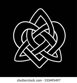 Celtic heart shape knot. White silhouette isolated on black background. Vector illustration 