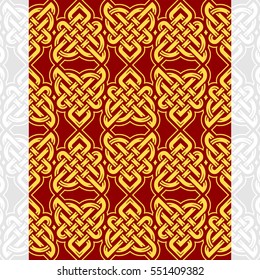 Celtic heart shape vector seamless pattern. Endless texture in red and golden color. Valentines day background for invitation, scrapbooking, cards, posters