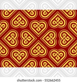 Celtic heart shape vector seamless pattern. Endless texture in red and golden color. Valentines day background for invitation, scrapbooking, cards, posters
