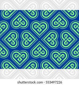 Celtic heart shape vector seamless pattern. Endless texture in blue and green color. Valentines day background for invitation, scrapbooking, cards, posters