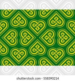 Celtic heart shape vector seamless pattern. Endless texture in green and golden color. Valentines day background for invitation, scrapbooking, cards, posters
