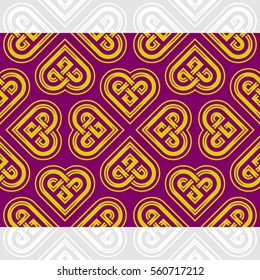 Celtic heart shape vector seamless pattern. Endless texture in purple and golden color. Valentines day background for invitation, scrapbooking, cards, posters