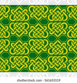 Celtic heart shape vector seamless pattern. Endless texture in green and golden color. Valentines day background for invitation, scrapbooking, cards, posters