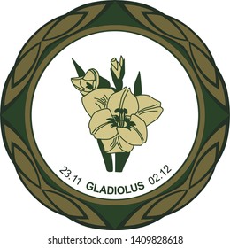 Celtic horoscope floral. Druid logo in a circle. Gladiolus flower: from November 23 to December 2. Astrological calendar. Botanical drawing of gladiolus garden