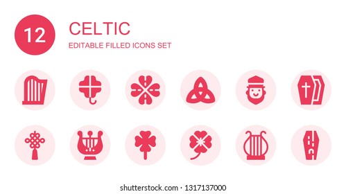 celtic icon set. Collection of 12 filled celtic icons included Harp, Clover, Triquetra, Saint Patrick, Chinese knot, Coffin