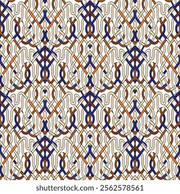 Celtic intricate lines and curves seamless pattern. Colorful ornamental celtic knots vector background. Repeat  tribal ethnic celtic style ornament in blue beige white colors. Endless ornate texture.