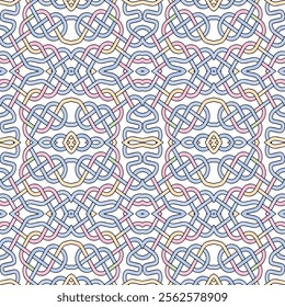 Celtic intricate lines and curves seamless pattern. Colorful ornamental celtic knots vector background. Repeat tribal ethnic celtic style ornament in light blue pink white colors. Endless  texture.