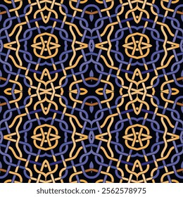 Celtic intricate lines and curves seamless pattern. Colorful ornamental celtic knots vector background. Repeat  tribal ethnic celtic style ornament in blue violet yellow black colors. Endless texture.